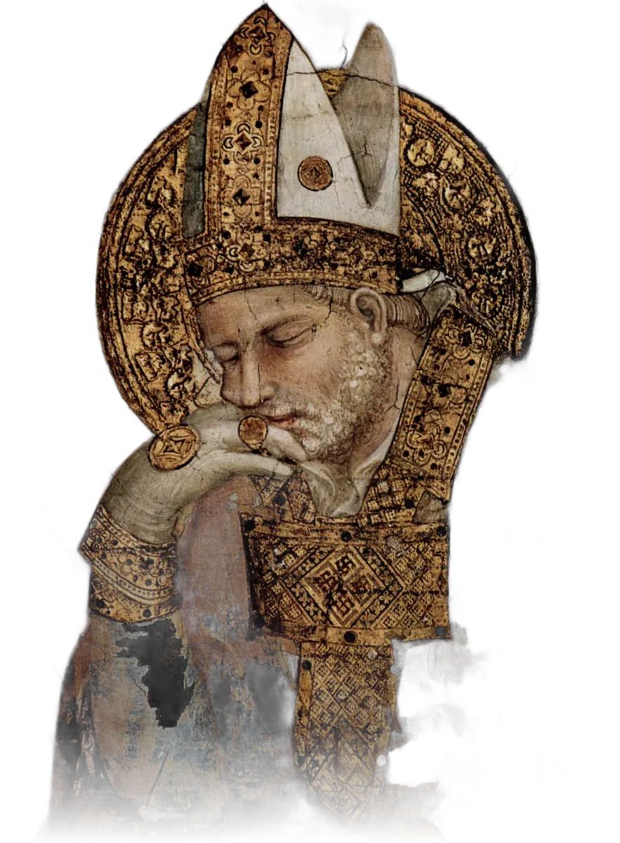 Saint Martin as a bishop in a gold mitre and halo, head bowed on his hand, from a 14th-century fresco